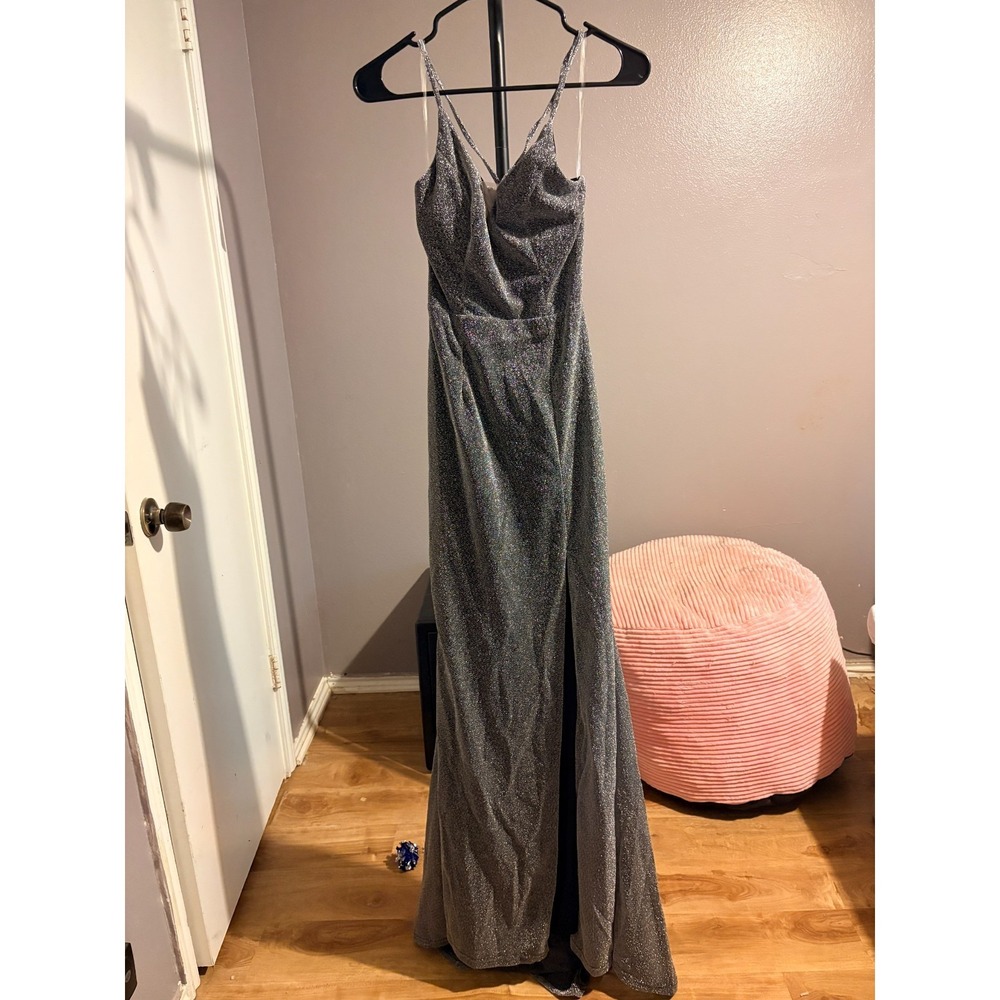 Dressalisa Silver‎ Shimmer Spaghetti Strap Maxi Dress XS Formal Gown